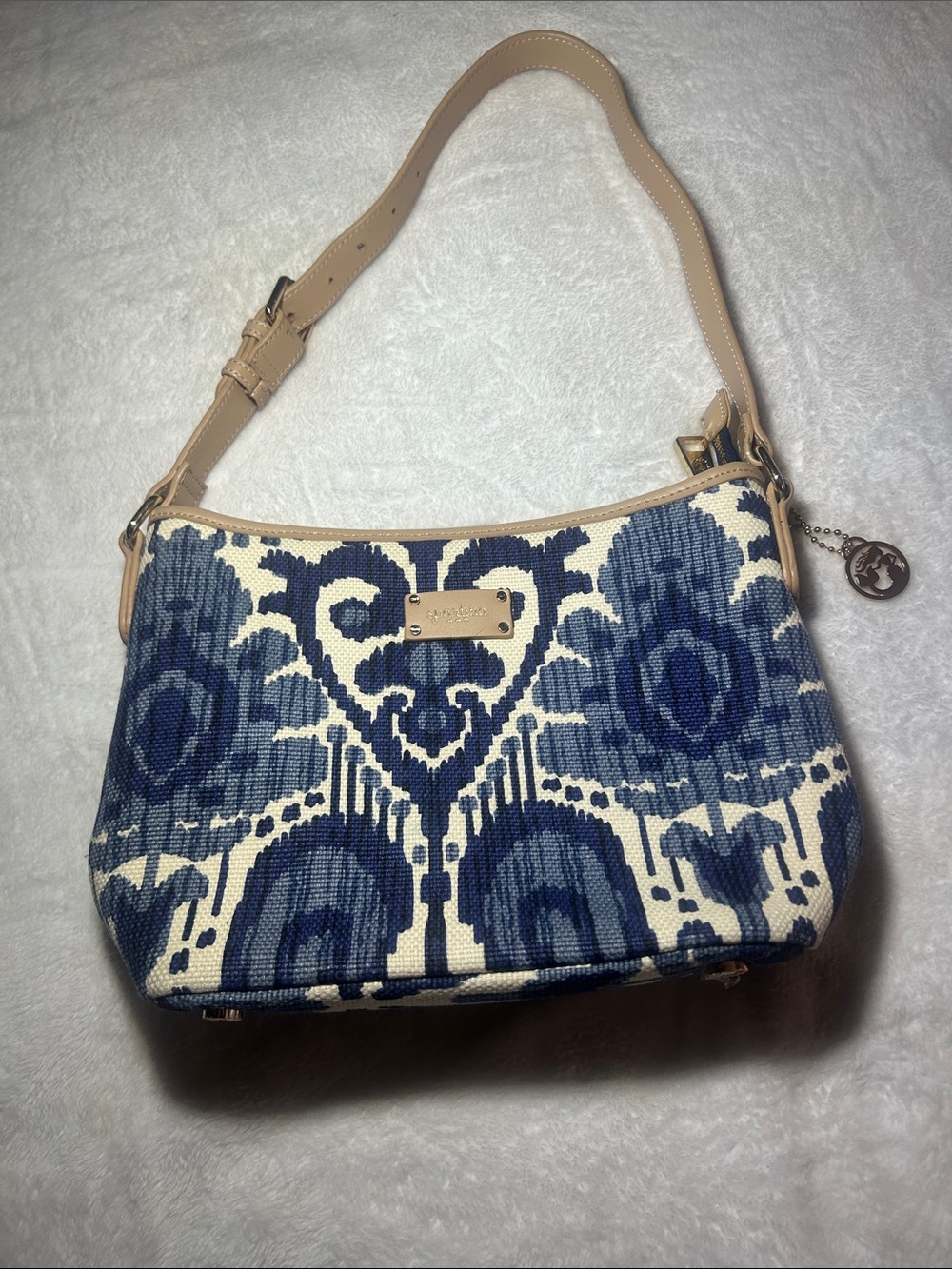 Spartina 449 Navy and Cream Ikat-Style Shoulder Bag with Beige Trim